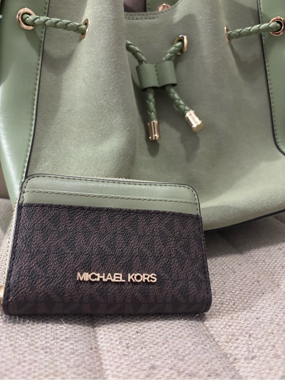 Michael Kors Sage Green Leather Drawstring Shoulder Bag
